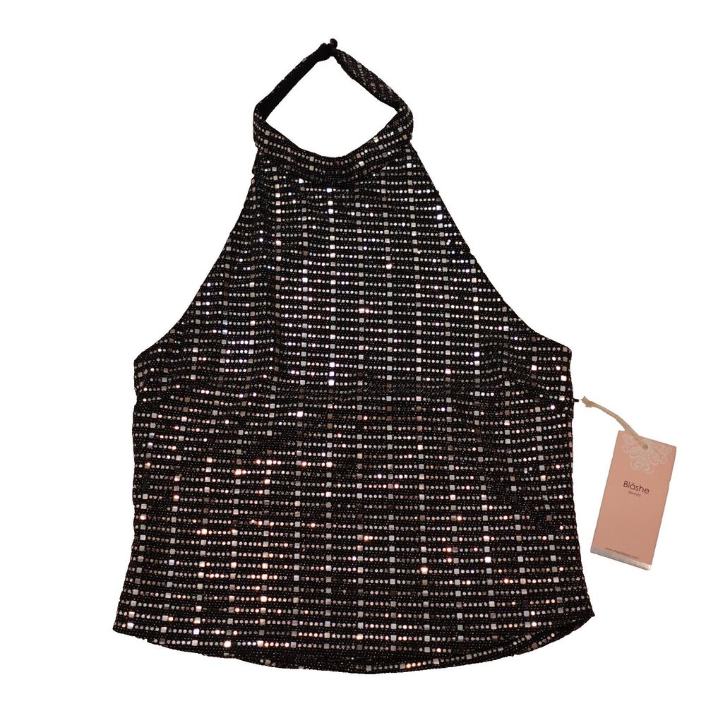 NWT Blashe Sequin Sparkly Halter Top Large Black Silver Festival Club Concert